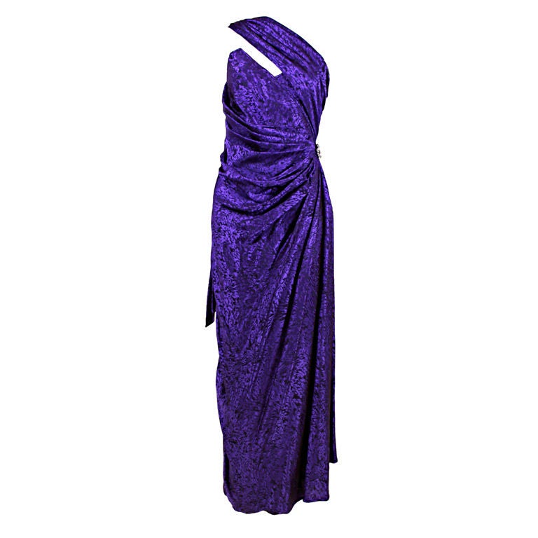 Ungaro 1980s Amethyst Silk Jacquard Goddess Gown For Sale