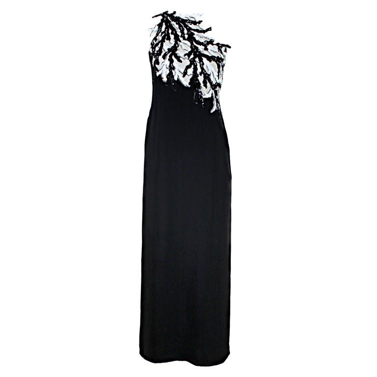 1990's Bill Blass Graphic Black and White Sequined Gown For Sale