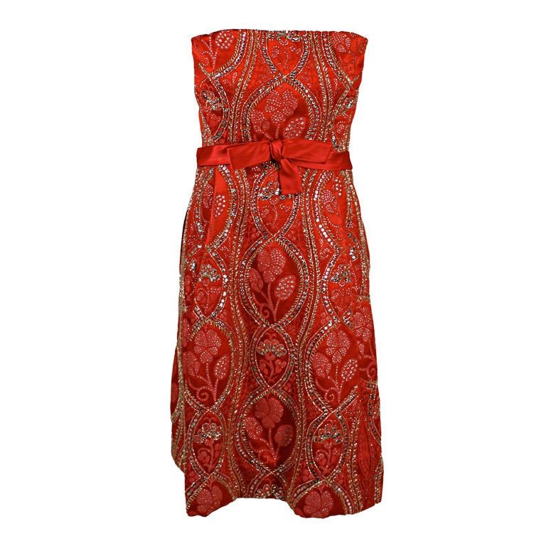 1960's Arnold Scaasi Red Metallic Brocade Cocktail Dress