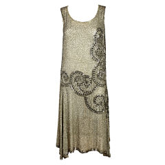 1920's Metallic Beaded Ivory Cotton Flapper Dress