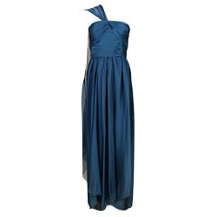 de la Renta Teal Silk Chiffon Hand Pleated Goddess Gown