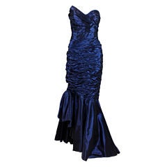 1980's Emanuel Ungaro Midnight Blue Moiré Silk Ruched Gown