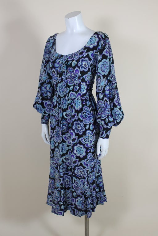 Blue Pucci 1970s Floral Paisley Printed Silk Peasant Dress