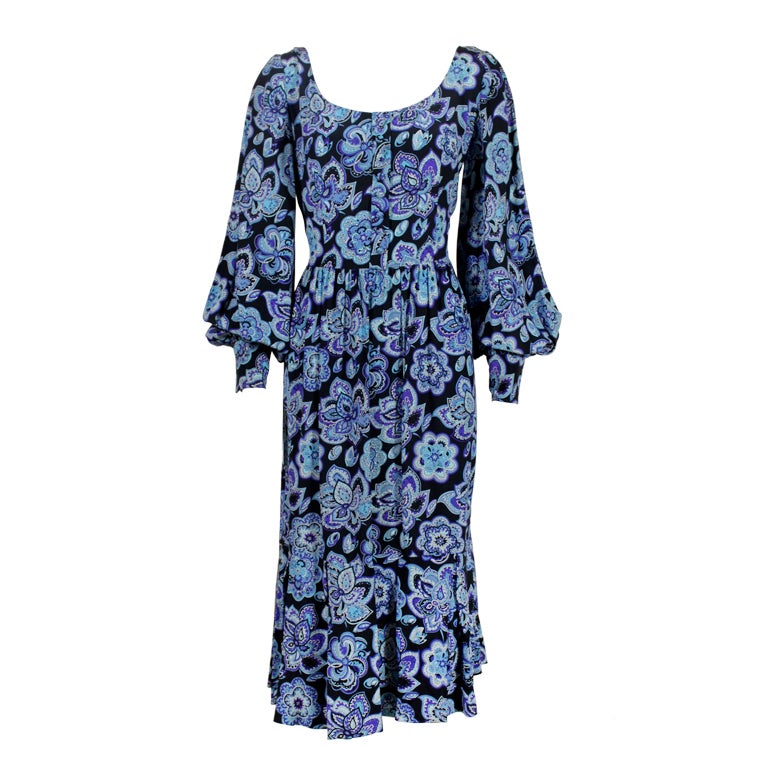 Pucci 1970s Floral Paisley Printed Silk Peasant Dress