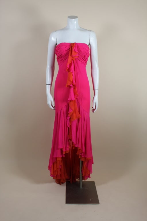 Women's Bob Mackie Hot Pink and Orange Silk Chiffon Gown For Sale