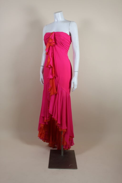 Bob Mackie Hot Pink and Orange Silk Chiffon Gown For Sale 1