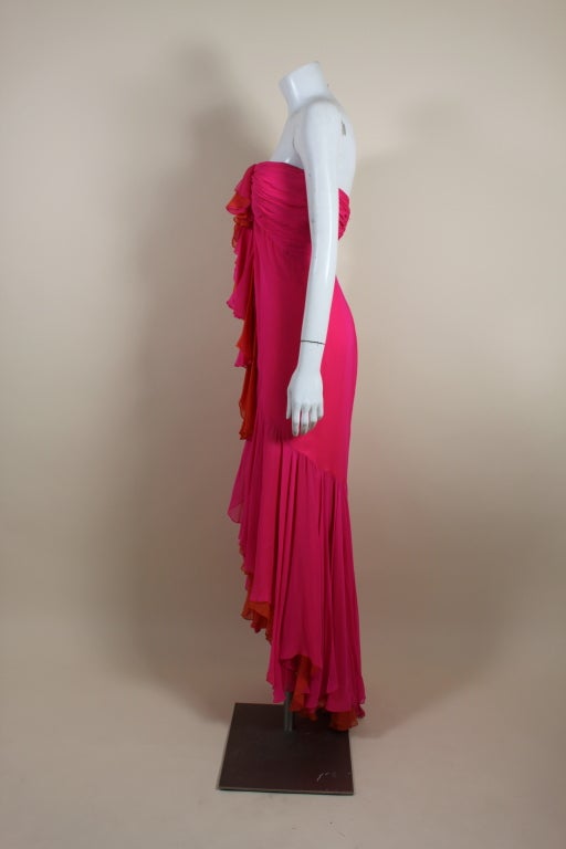 Bob Mackie Hot Pink and Orange Silk Chiffon Gown For Sale 2