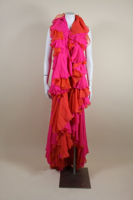 Bob Mackie Hot Pink and Orange Silk Chiffon Gown For Sale 4