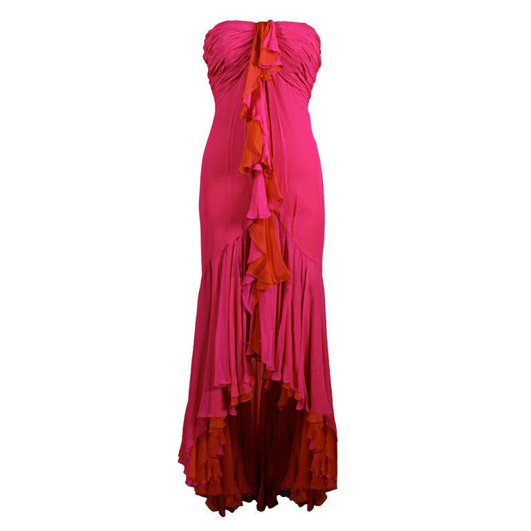 Bob Mackie Hot Pink and Orange Silk Chiffon Gown For Sale