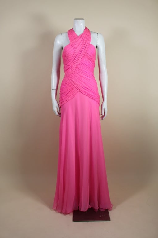 Women's 1980's Scaasi Hot Pink Chiffon Halter Gown