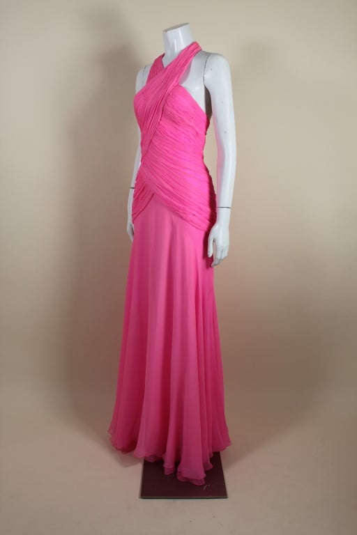 1980's Scaasi Hot Pink Chiffon Halter Gown 1