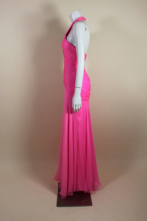 1980's Scaasi Hot Pink Chiffon Halter Gown 2