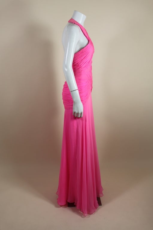 1980's Scaasi Hot Pink Chiffon Halter Gown 3