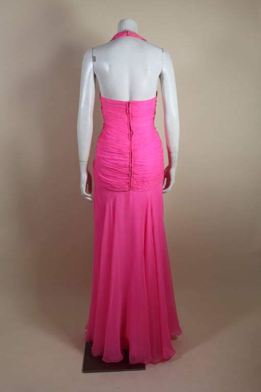 1980's Scaasi Hot Pink Chiffon Halter Gown 4