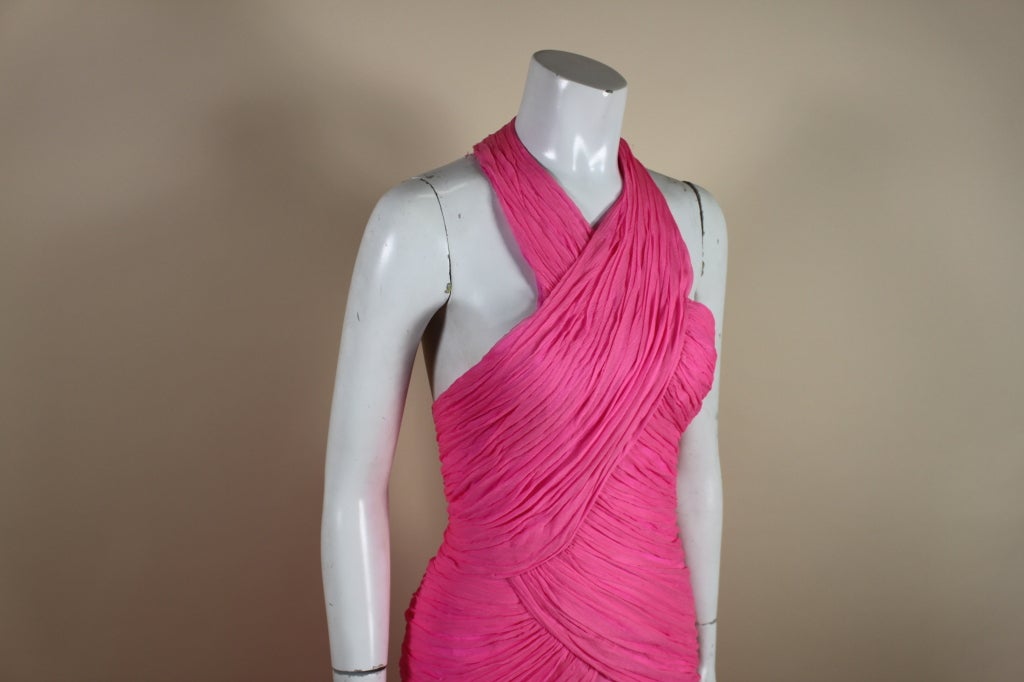 1980's Scaasi Hot Pink Chiffon Halter Gown 5