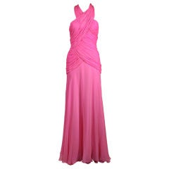 1980's Scaasi Hot Pink Chiffon Halter Gown
