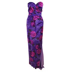 1960's Violet Floral Bombshell Gown with Chiffon Swag