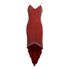 1980's Fabrice Beaded Red Crepe Party Dress