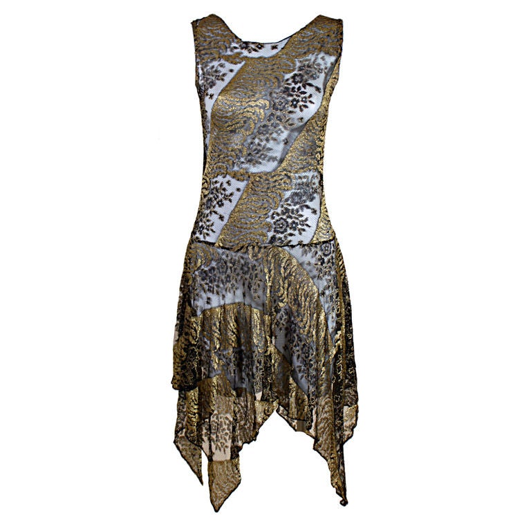 1920
s Silk Net and Gold Lamé Floral Party Dress