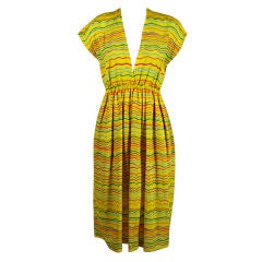 1970's Halston Yellow Silk Painterly Stripe Day Dress