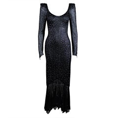 1980's Rhinestone Studded Crochet Black Lurex Gown