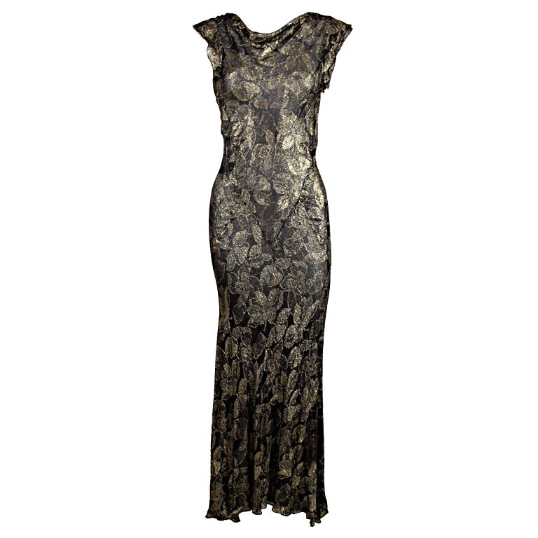 1930's Floral Silk Lamé Gown with Cowl Neck at 1stDibs