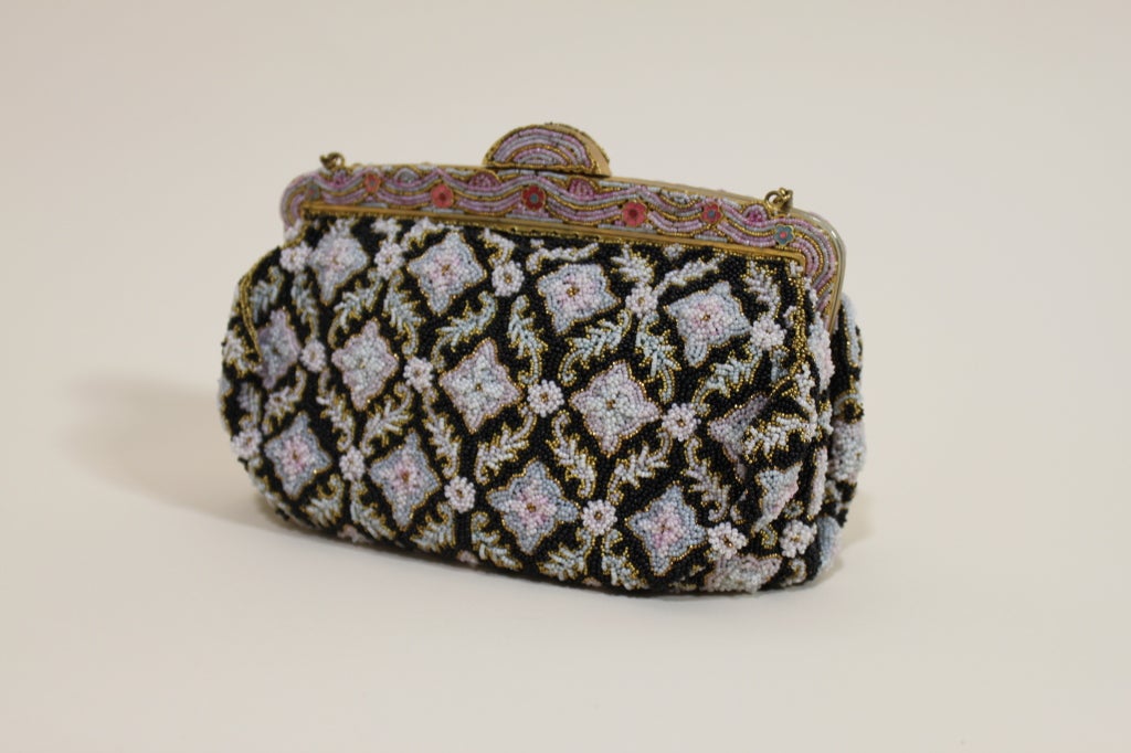 Gray 1950s Beaded Floral Evening Bag with Exquisite Frame
