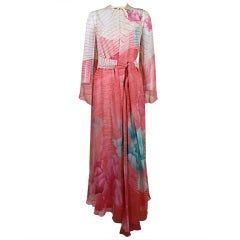 Retro 1970’s Hanae Mori Floral Silk Gown with Chiffon Jacket