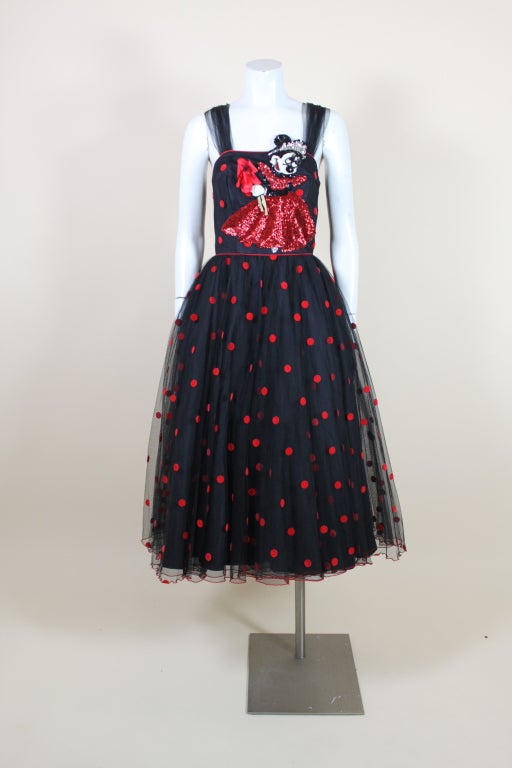 Black 1980’s Sequined Minnie Mouse Dot Net Party Dress For Sale
