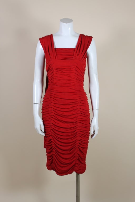 1960’s Lipstick Red Ruched Jersey Cocktail Dress at 1stDibs