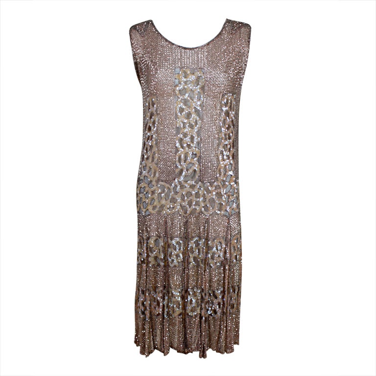 1920s Shimmering Blush Pink Iridescent Beaded Flapper Dress For Sale