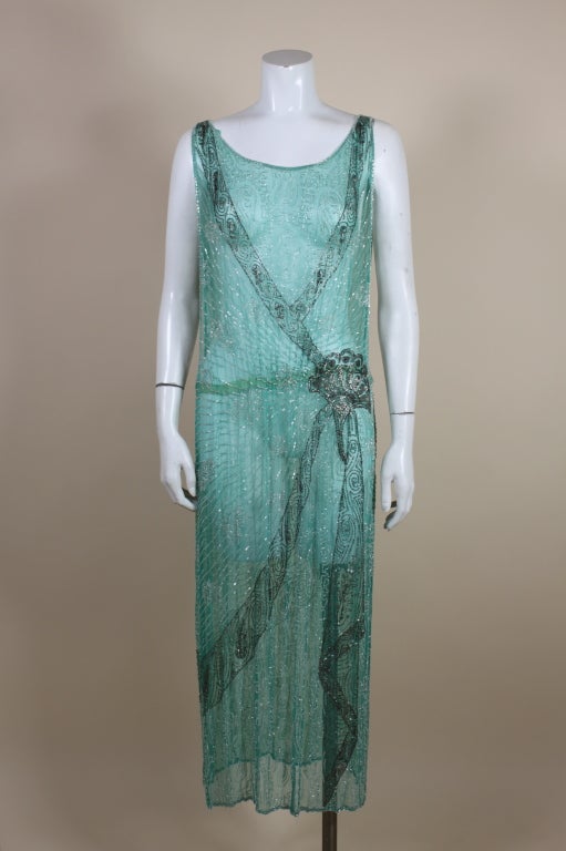 1920s Turquoise Tabard-Style Beaded Flapper Dress