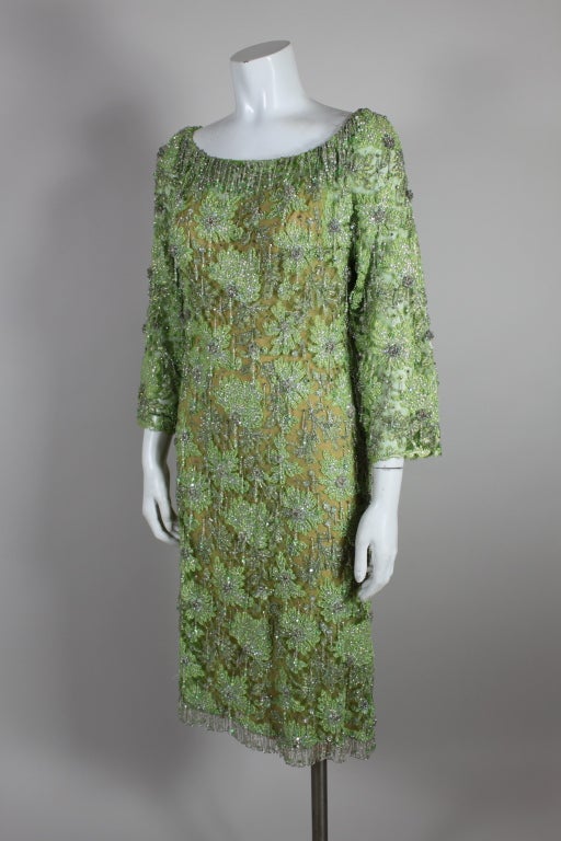 1960's Celadon Green Beaded Lace Cocktail Dress at 1stdibs