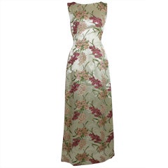 1960's Embroidered Floral Ivory Satin Gown