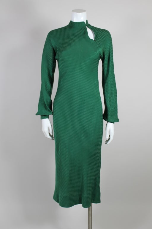 Women's 1970's Halston Hunter Green Bias Cut Silk Jacquard Dress