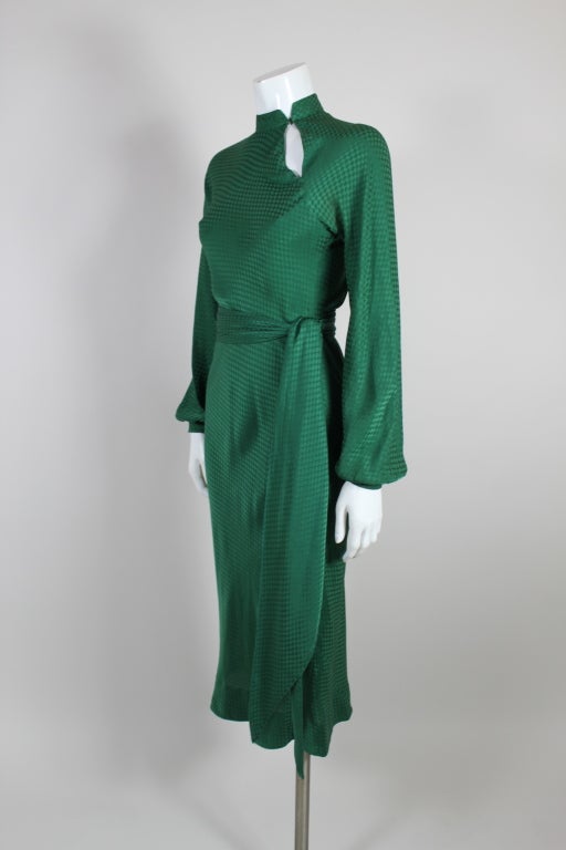 1970's Halston Hunter Green Bias Cut Silk Jacquard Dress 1