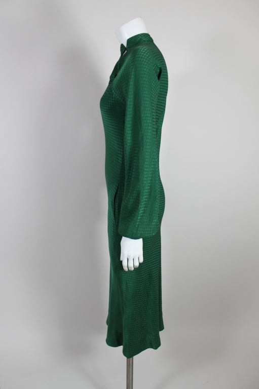 1970's Halston Hunter Green Bias Cut Silk Jacquard Dress 2