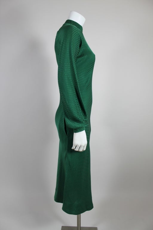 1970's Halston Hunter Green Bias Cut Silk Jacquard Dress 3