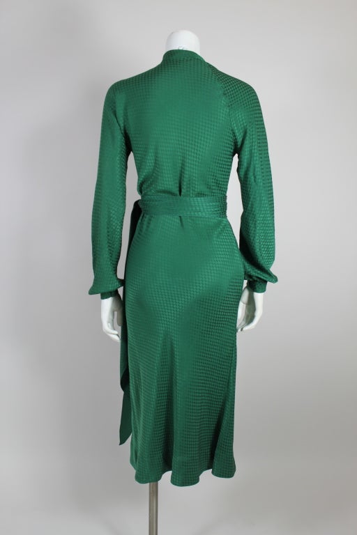 1970's Halston Hunter Green Bias Cut Silk Jacquard Dress at 1stDibs