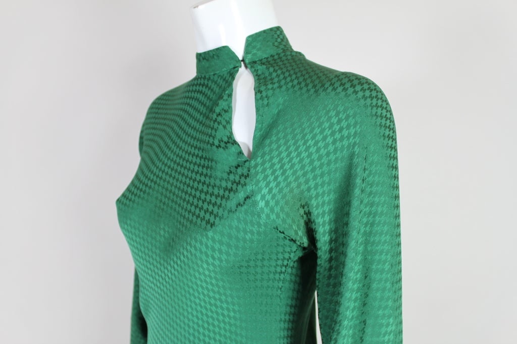 1970's Halston Hunter Green Bias Cut Silk Jacquard Dress 5