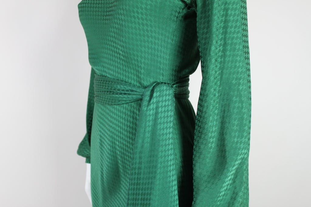 1970's Halston Hunter Green Bias Cut Silk Jacquard Dress 6