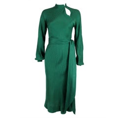 1970 - Halston Hunter Green Bias Cut Silk Jacquard Dress