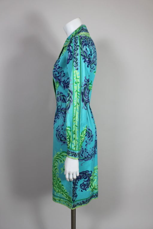 Blue 1960’s Pucci Feather Plume Print Cotton Dress For Sale