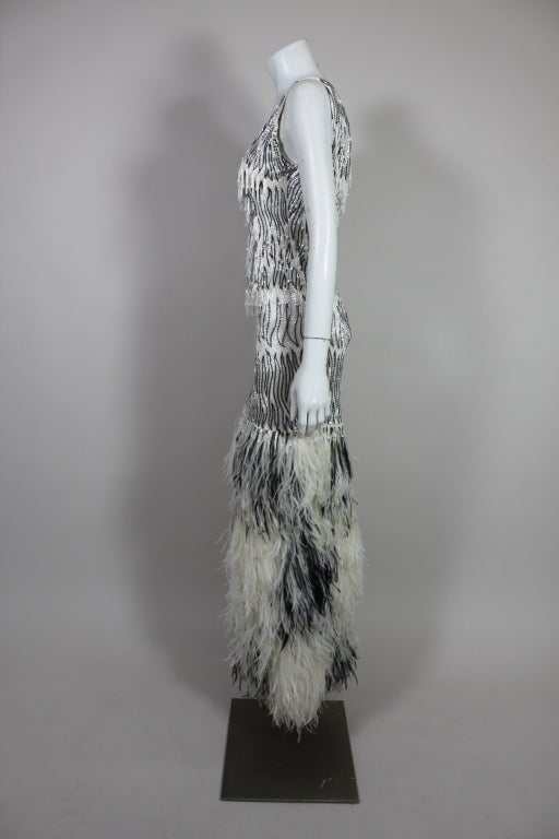 Gray 1960s Galanos Heavily Beaded Gown with Feather Fringe