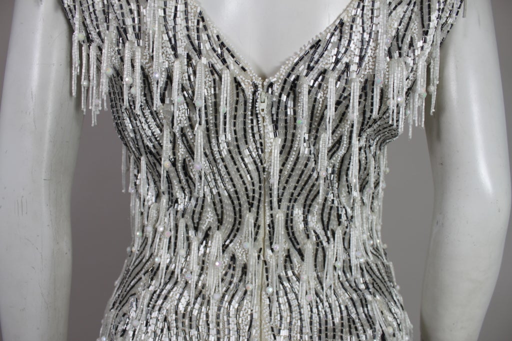 1960s Galanos Heavily Beaded Gown with Feather Fringe 2