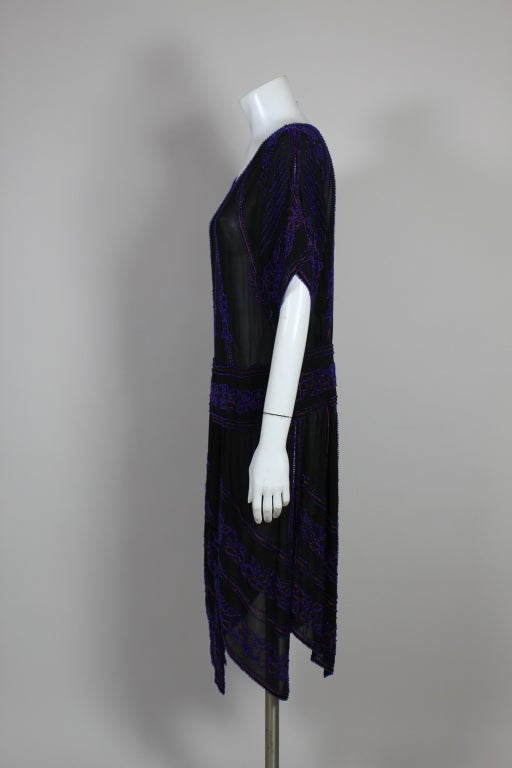 Black 1920’s Art Deco Cobalt Beaded Chiffon Party Dress For Sale