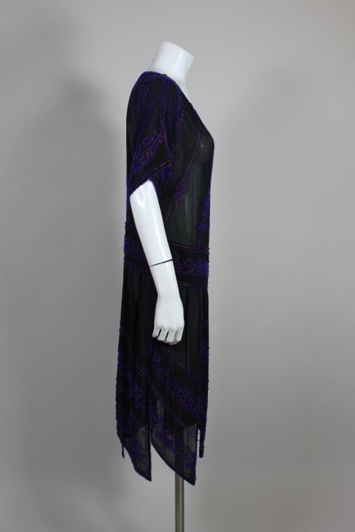 1920’s Art Deco Cobalt Beaded Chiffon Party Dress In Excellent Condition For Sale In Los Angeles, CA