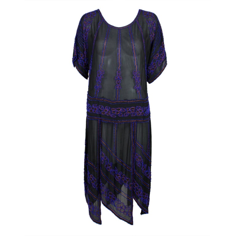 1920’s Art Deco Cobalt Beaded Chiffon Party Dress For Sale