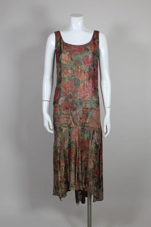 Black 1920’s Floral Print Silk Lamé Flapper Dress For Sale