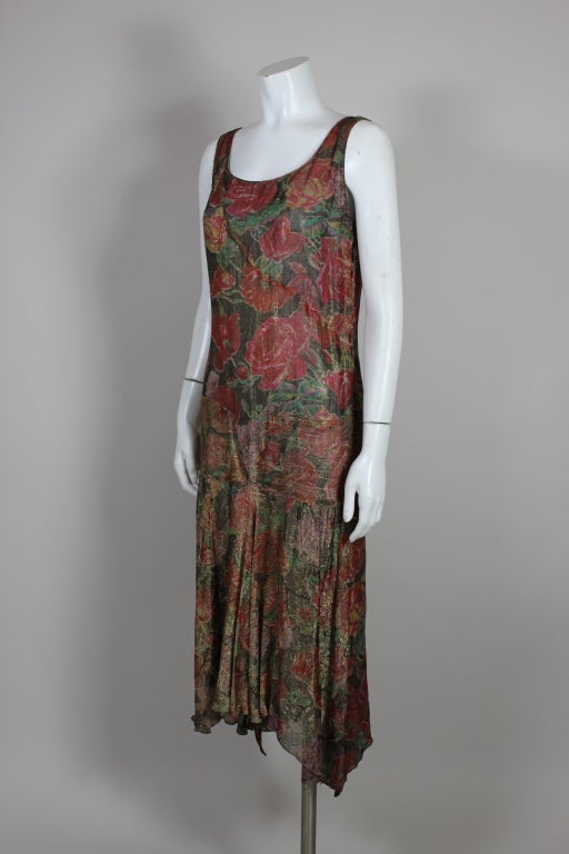 1920’s Floral Print Silk Lamé Flapper Dress In Excellent Condition For Sale In Los Angeles, CA
